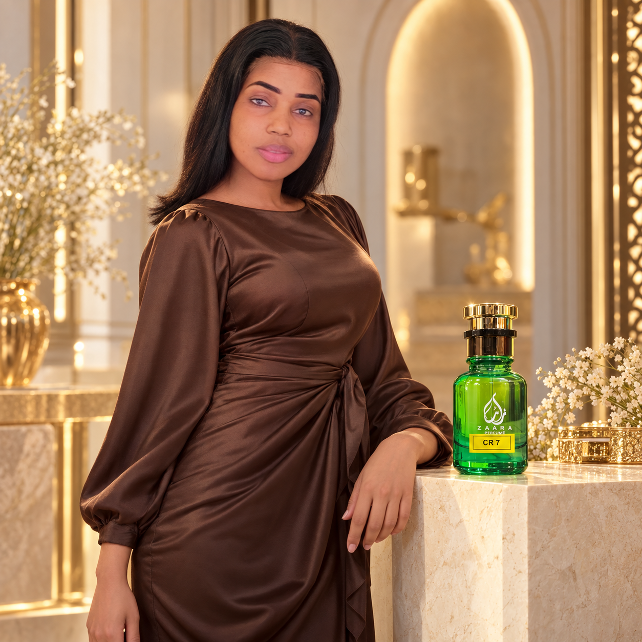 Debo in chocolate satin beside the green Zaara CR 7 perfume bottle