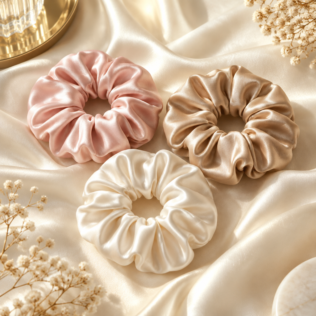 AI-generated illustration for Kitsch Satin Sleep Scrunchies; not an official product photo