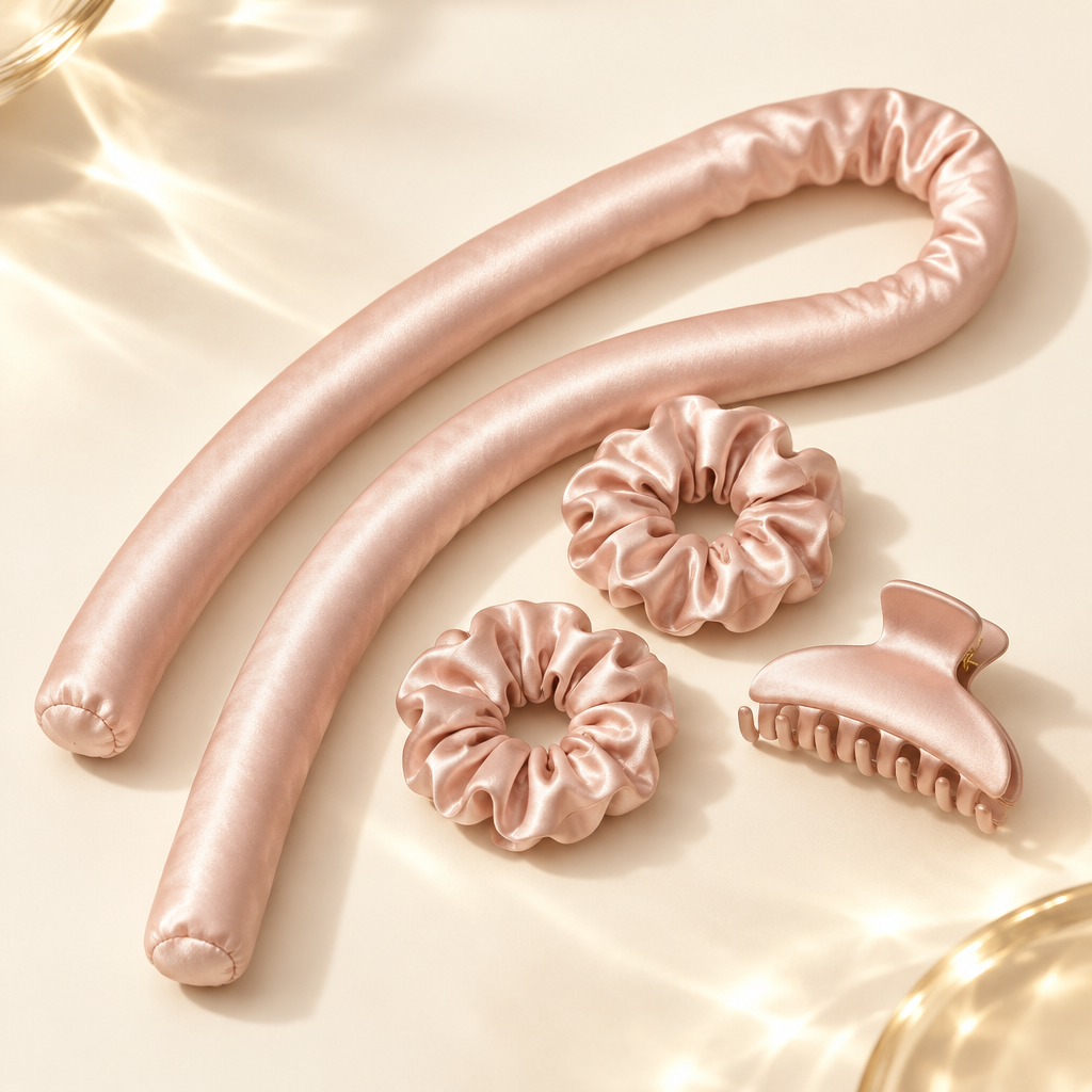 AI-generated illustration for Kitsch Satin Heatless Curling Set; not an official product photo