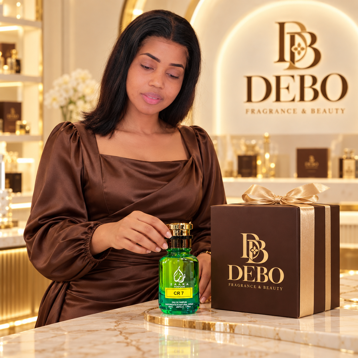 Debo in a chocolate outfit beside a chocolate DEBO gift box with a green perfume bottle