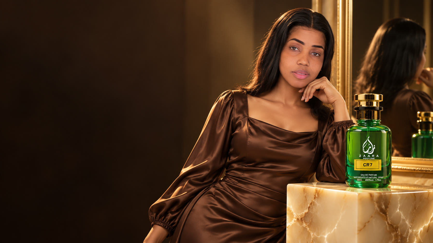 Debo in chocolate satin beside the green Zaara CR7 perfume