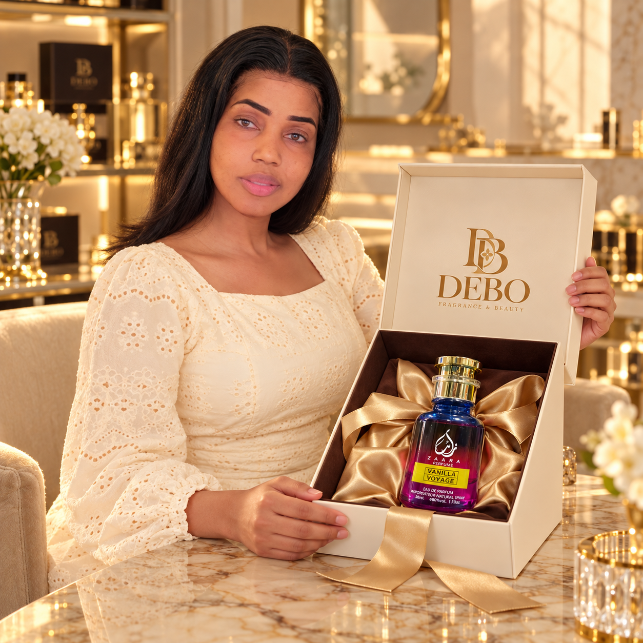 Debo in an ivory outfit presenting an open DEBO gift box with a perfume bottle inside