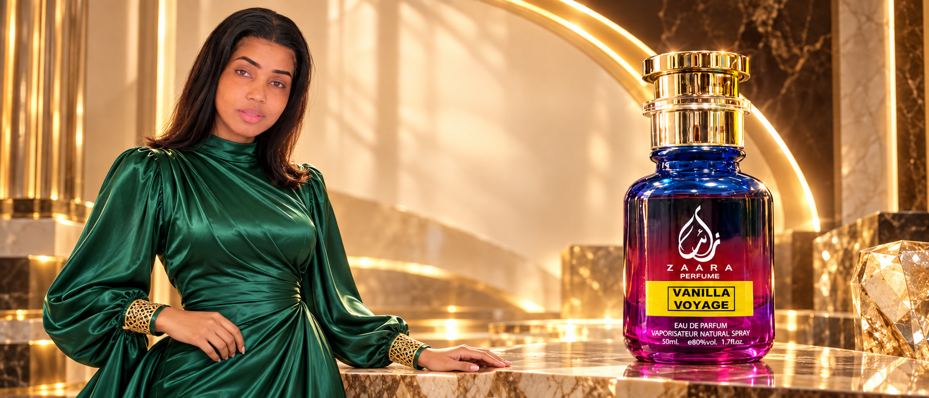 Debo in an emerald gown beside the large Zaara Vanilla Voyage perfume bottle in golden light