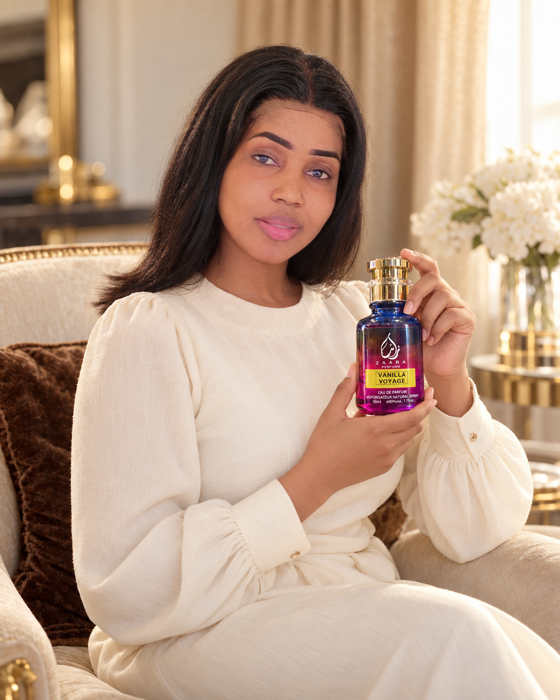 Debo in ivory holding the Zaara Vanilla Voyage perfume bottle
