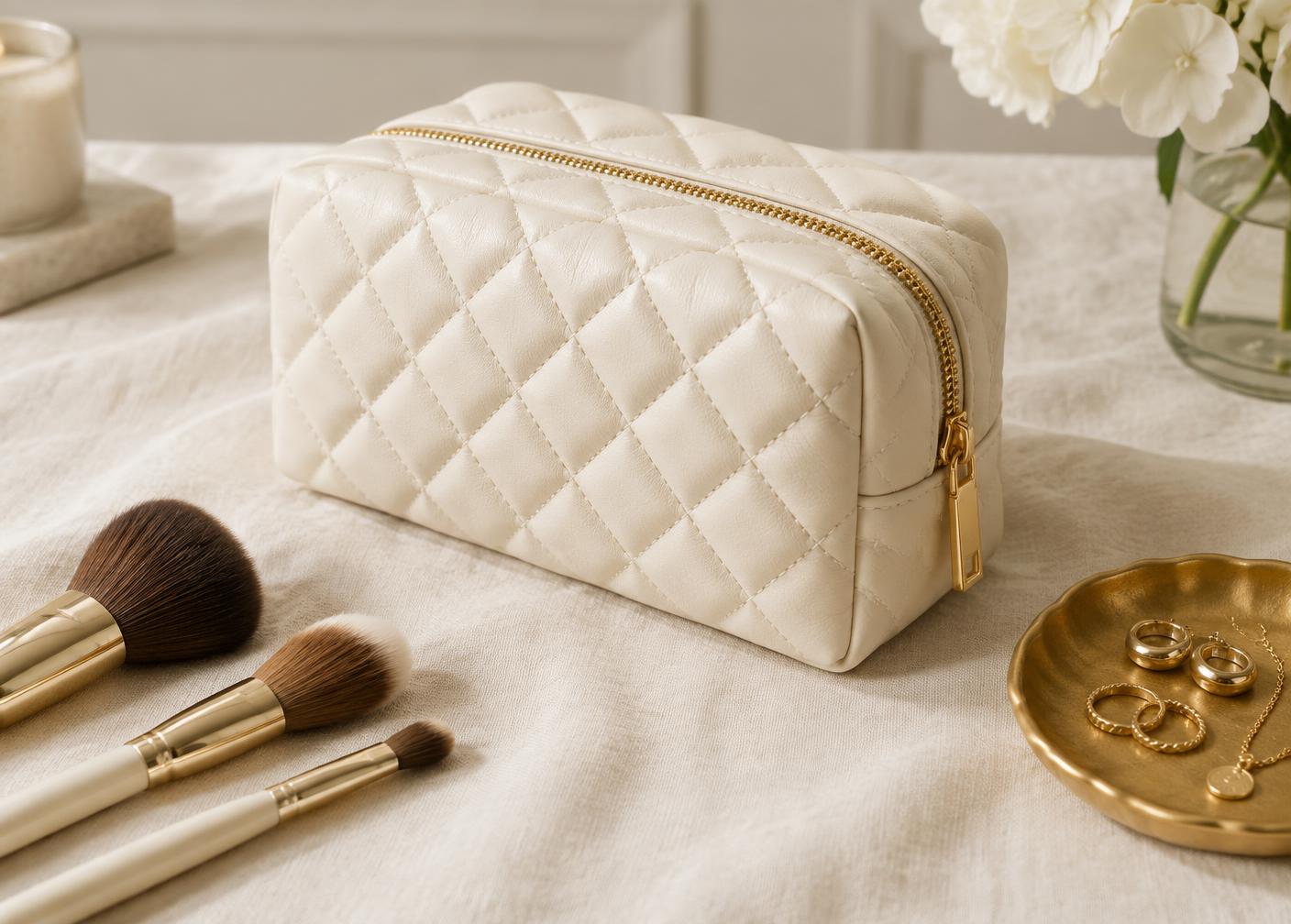 Quilted ivory vanity case with gold brushes and jewelry